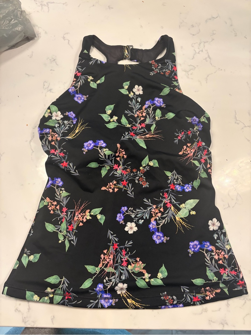 Athleta Black Floral High-Neck Tank with Multicolor Blooms